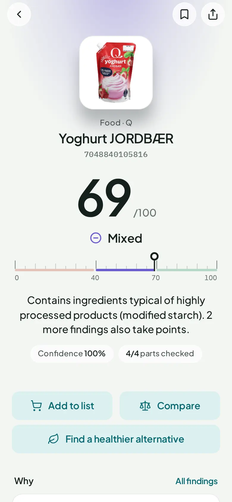 A food result in AntiSlop: a strawberry yoghurt scores 69 out of 100, Mixed, with the reasons below