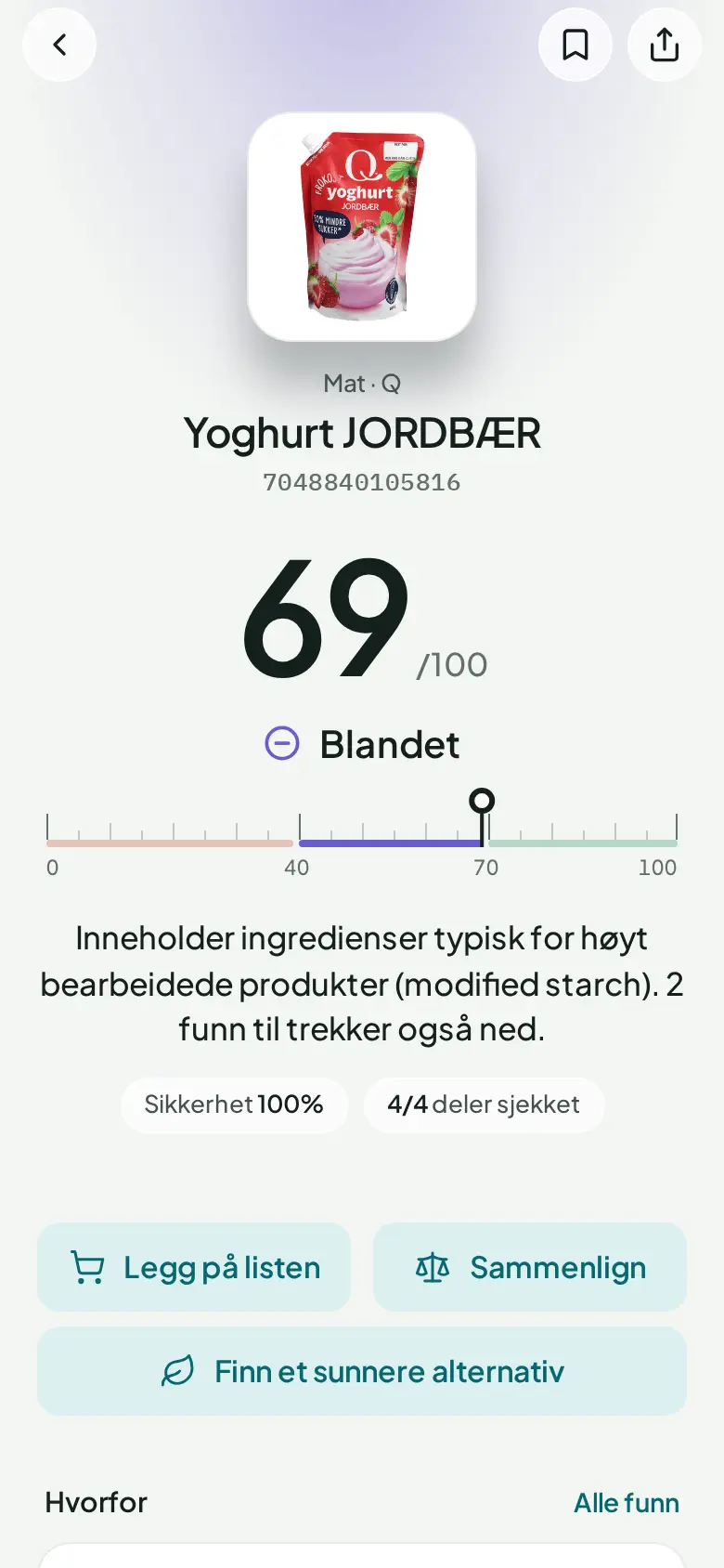 Et matresultat i AntiSlop: en jordbæryoghurt får 69 av 100, Blandet, med begrunnelser under