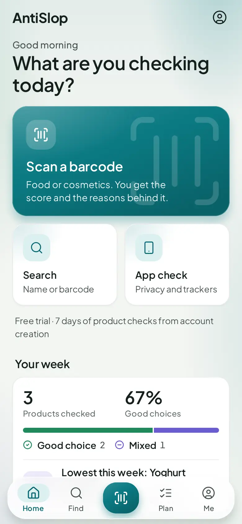 The AntiSlop home screen with a large button to scan a barcode