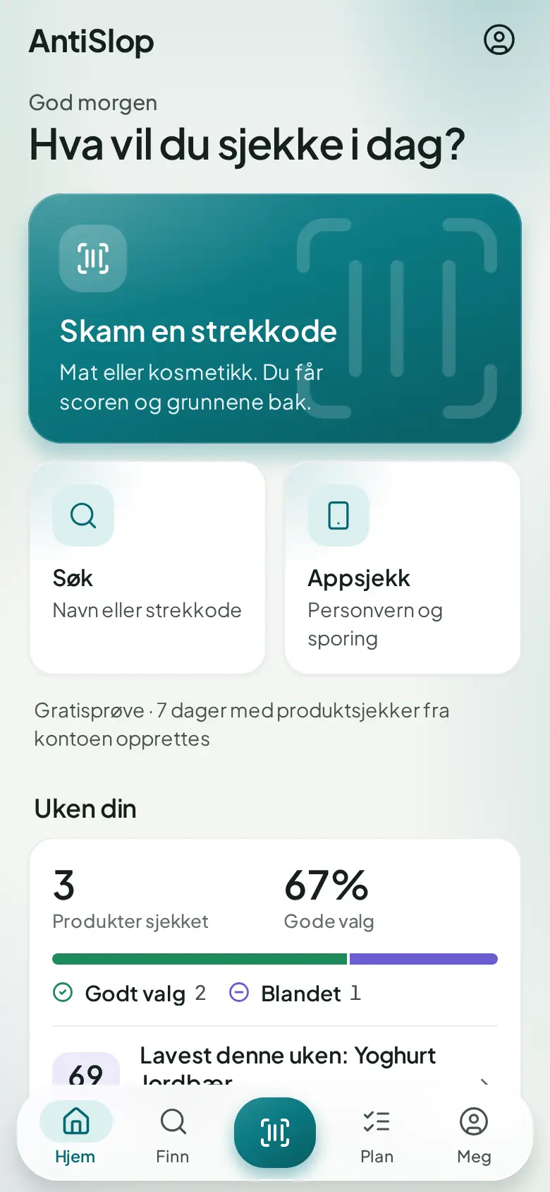 AntiSlop-appens hjemskjerm med en stor knapp for å skanne en strekkode
