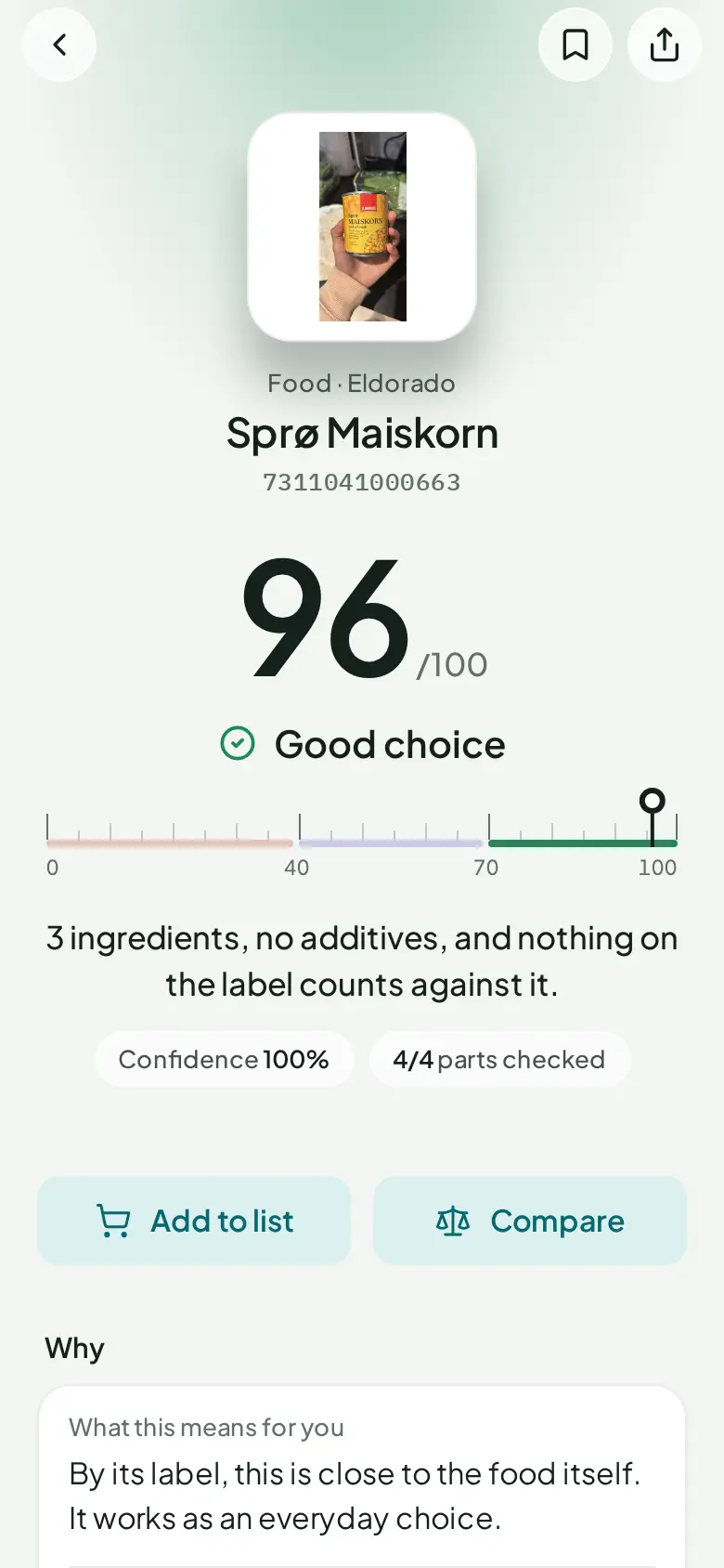 An AntiSlop result: Sprø Maiskorn sweetcorn scores 96 out of 100, Good choice – three ingredients and no additives