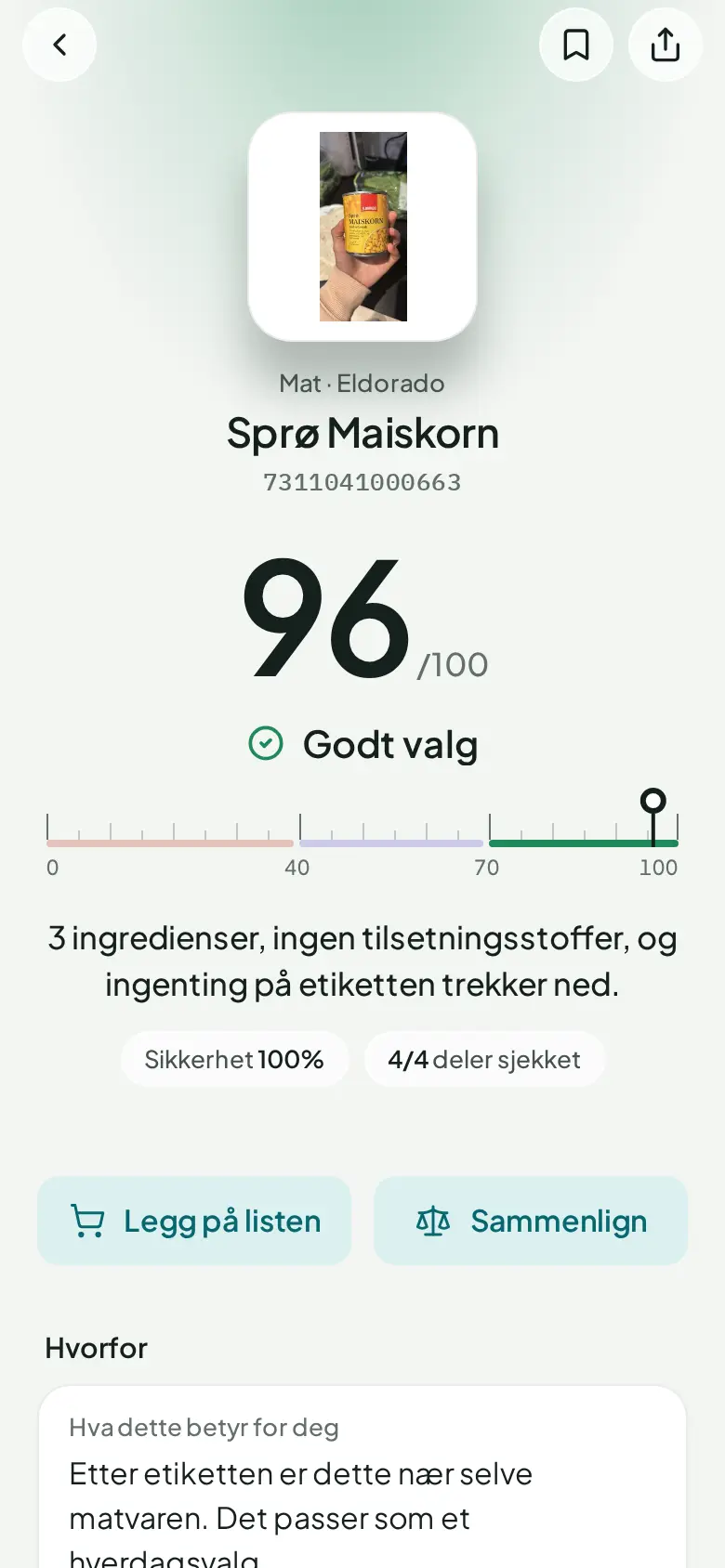 Et resultat i AntiSlop: Sprø Maiskorn får 96 av 100, Godt valg – tre ingredienser og ingen tilsetningsstoffer