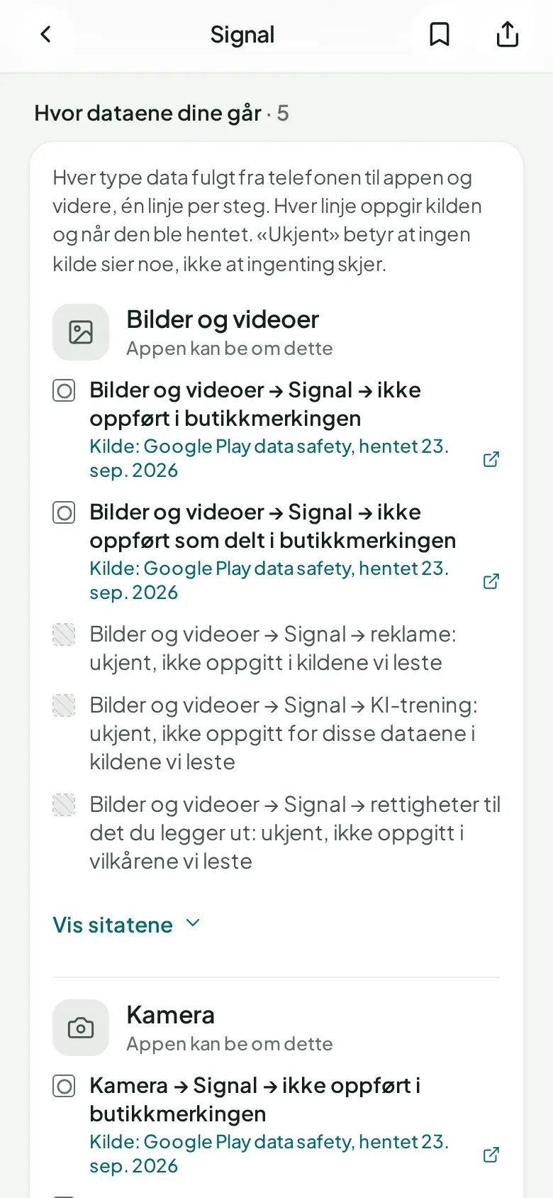 Appsjekk i AntiSlop: hvor dataene dine går, der hver linje viser kilde og dato